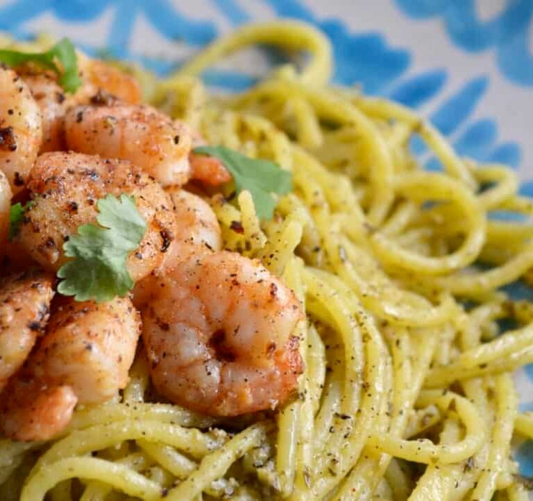 Chilli Garlic and Lemon Prawns with Basil Pesto Spaghetti Gluten Free Dairy Free